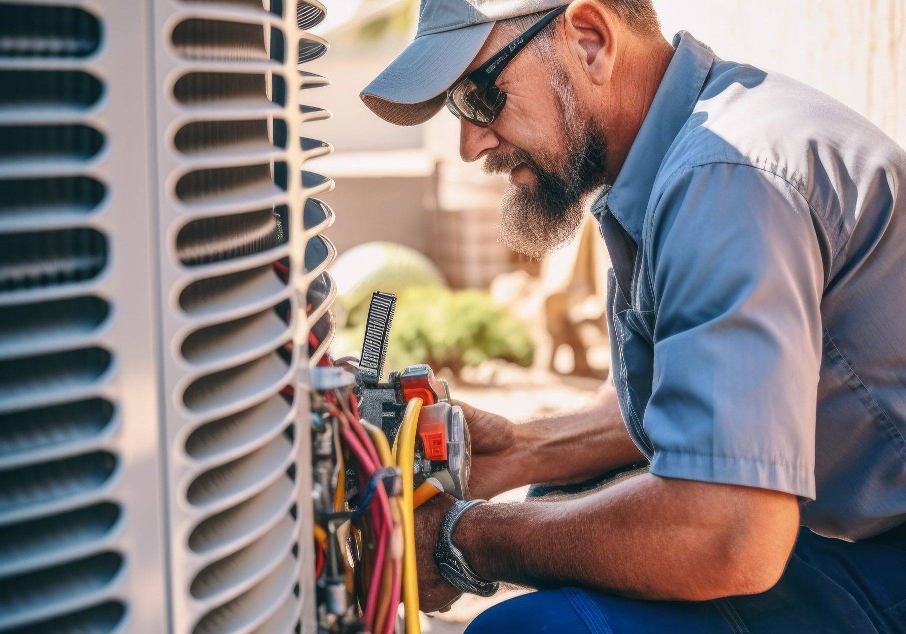 Technician Working On Air Conditioning Outdoor Unit On Hot Sunny Day. Hvac Worker Professional Occupation. Generative Ai